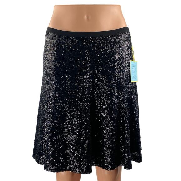 NEW Cece Champagne Soiree Rich Black Sequin Elastic Waist A Line Mini Skirt Sz 6 - Picture 1 of 6